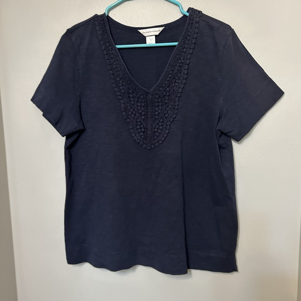 Christopher & Banks Shirt Womens Size M Dark Blue Short Sleeve Cotton Career